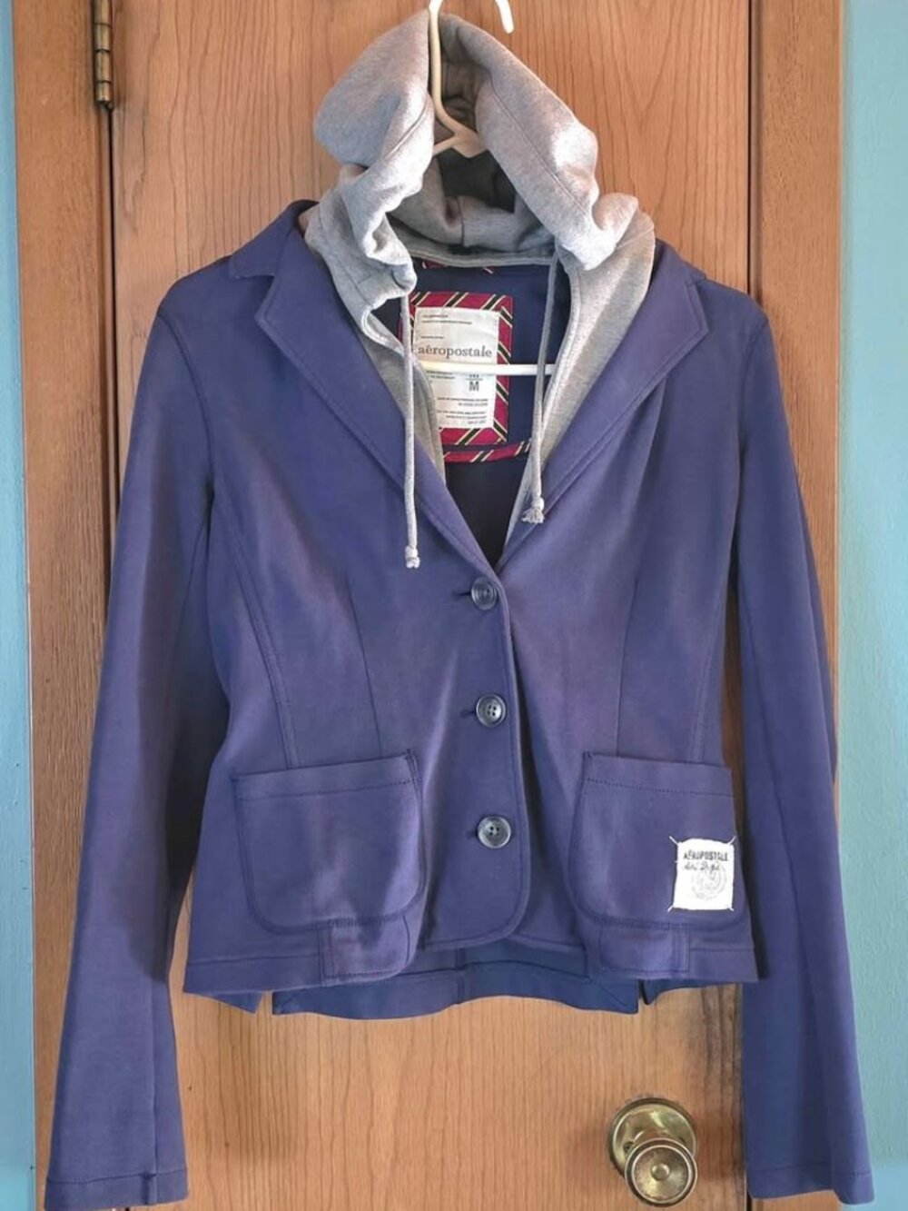Size M Blue & Gray Removable Hood Aeropostale Blazer Jacket